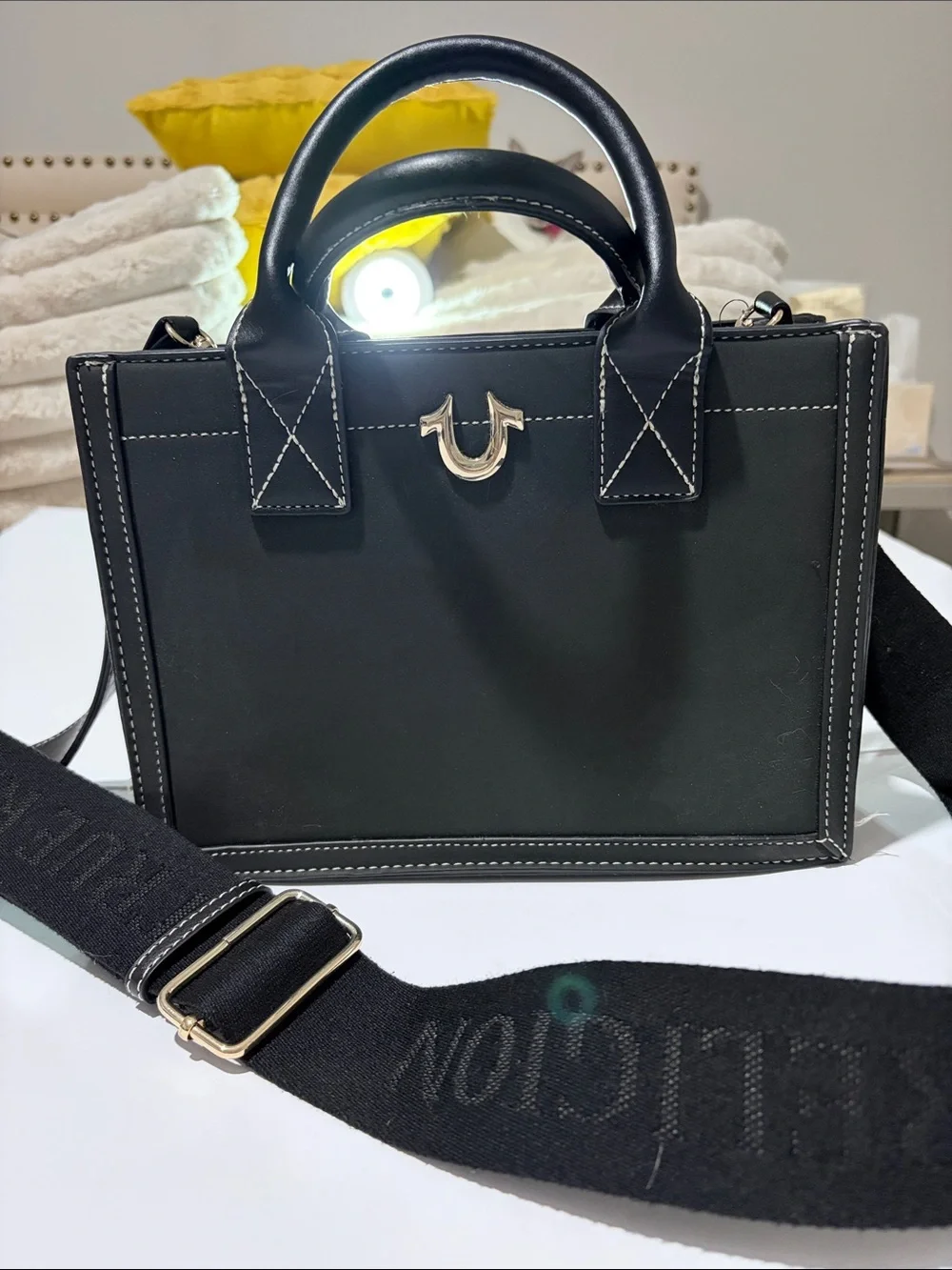 True Religion Mini Tote Black Structured Satchel Adjustable / Removable Strap